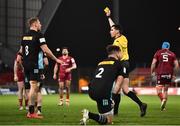 13 December 2020; Referee Pascal Gauzère shows a yellow card to Will Evans of Harlequins, 7, hidden, before awarding a penalty try to Munster during the Heineken Champions Cup Pool B Round 1 match between Munster and Harlequins at Thomond Park in Limerick. Photo by Sam Barnes/Sportsfile