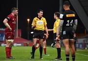 13 December 2020; Referee Pascal Gauzère consults with his linesman before awarding a penalty try to Munster during the Heineken Champions Cup Pool B Round 1 match between Munster and Harlequins at Thomond Park in Limerick. Photo by Sam Barnes/Sportsfile