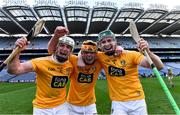 13 December 2020; Antrim players, from left, Paddy Burke, Joe Maskey, and Stephen Rooney celebrate after the Joe McDonagh Cup Final match between Kerry and Antrim at Croke Park in Dublin. Photo by Piaras Ó Mídheach/Sportsfile
