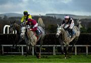 14 December 2020; Espanito Bello, behind left, with Mark Bolger up, jumps the last behind eventual second place Coko Beach, centre, with Jack Kennedy up, and Lord Royal, with Paul Townend up, on their way to winning the Naas Nursery Of Champions Handicap Steeplechase at Naas Racecourse in Kildare. Photo by Seb Daly/Sportsfile