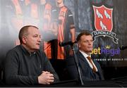 15 December 2020; Dundalk Chief Business Officer David Minto, left, and Sporting Director Jim Magilton during a Dundalk press conference at at Dundalk Merchandise Store, North Link Retail Park in Dundalk, Louth. Photo by Seb Daly/Sportsfile