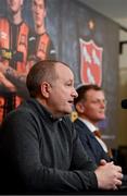 15 December 2020; Dundalk Chief Business Officer David Minto, left, and Sporting Director Jim Magilton during a Dundalk press conference at at Dundalk Merchandise Store, North Link Retail Park in Dundalk, Louth. Photo by Seb Daly/Sportsfile