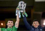 13 December 2020; Aaron, left, and Jason Gillane of Limerick lift the Liam MacCarthy Cup following the GAA Hurling All-Ireland Senior Championship Final match between Limerick and Waterford at Croke Park in Dublin. Photo by Ramsey Cardy/Sportsfile