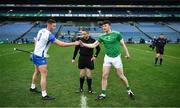 13 December 2020; The two captains, Tadhg De Búrca of Waterford, and Declan Hannon of Limerick, greet each other in front of referee Fergal Horgan before the GAA Hurling All-Ireland Senior Championship Final match between Limerick and Waterford at Croke Park in Dublin. Photo by Ray McManus/Sportsfile