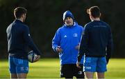 14 December 2020; Backs coach Felipe Contepomi, centre, in conversation with Jimmy O'Brien and Hugo Keenan during Leinster Rugby squad training at UCD in Dublin. Photo by Ramsey Cardy/Sportsfile