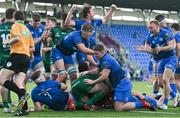 12 December 2020; Leinster A players celebrate a try during the A Interprovincial Friendly match between Leinster A and Connacht Eagles at Energia Park in Dublin. Photo by Ramsey Cardy/Sportsfile