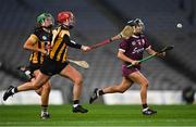 12 December 2020; Aoife Donohue of Galway gets past Miriam Walsh, left, and Kellyann Doyle of Kilkenny during the Liberty Insurance All-Ireland Senior Camogie Championship Final match between Galway and Kilkenny at Croke Park in Dublin. Photo by Piaras Ó Mídheach/Sportsfile