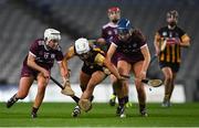 12 December 2020; Meighan Farrell of Kilkenny in action against Ailish O'Reilly, left, and Heather Cooney of Galway during the Liberty Insurance All-Ireland Senior Camogie Championship Final match between Galway and Kilkenny at Croke Park in Dublin. Photo by Piaras Ó Mídheach/Sportsfile