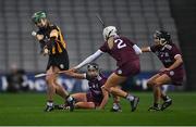 12 December 2020; Collette Dormer of Kilkenny in action against Galway players, from left, Niamh Kilkenny, Shauna Healy, and Aoife Donohue during the Liberty Insurance All-Ireland Senior Camogie Championship Final match between Galway and Kilkenny at Croke Park in Dublin. Photo by Piaras Ó Mídheach/Sportsfile