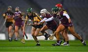 12 December 2020; Denise Gaule of Kilkenny in action against Shauna Healy, left, and Emma Helebert of Galway during the Liberty Insurance All-Ireland Senior Camogie Championship Final match between Galway and Kilkenny at Croke Park in Dublin. Photo by Piaras Ó Mídheach/Sportsfile