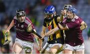 18 December 2020; Stephen Donnelly of Kilkenny in action against Ian McGlynn, left, and Jason O'Donoghue of Galway during the Bord Gáis Energy Leinster Under 20 Hurling Championship Semi-Final match between Kilkenny and Galway at MW Hire O'Moore Park in Portlaoise, Laois. Photo by Piaras Ó Mídheach/Sportsfile