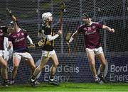 18 December 2020; Eoin Lawless of Galway celebrates a clearance during the Bord Gáis Energy Leinster Under 20 Hurling Championship Semi-Final match between Kilkenny and Galway at MW Hire O'Moore Park in Portlaoise, Laois. Photo by Piaras Ó Mídheach/Sportsfile