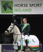 18 December 2020; Shane Breen on Compelling Z after winning the Horse Sport Ireland Show Jumping Masters at Emerald International Equestrian Centre in Enfield, Kildare. Photo by Stephen McCarthy/Sportsfile