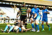 19 December 2020; Josh Murphy of Leinster scores his side's first try despite the attempted tackle from Tom Wood of Northampton Saints the Heineken Champions Cup Pool A Round 2 match between Leinster and Northampton Saints at the RDS Arena in Dublin. Photo by David Fitzgerald/Sportsfile