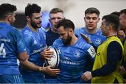 19 December 2020; Jamison Gibson-Park of Leinster, centre, is congratulated by team-mates after scoring his side's fourth try during the Heineken Champions Cup Pool A Round 2 match between Leinster and Northampton Saints at the RDS Arena in Dublin. Photo by David Fitzgerald/Sportsfile