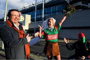 19 December 2020; RTÉ's Marty Morrissey and 'bride for the day' Sophia Van Aalst, from The Netherlands, and her 'husband' Shane Fitzgerald, right, from Kilmaine, in Mayo, pose for photographers outside the stadium before the GAA Football All-Ireland Senior Championship Final match between Dublin and Mayo at Croke Park in Dublin. Photo by Ray McManus/Sportsfile