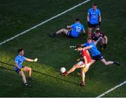 19 December 2020; Matthew Tierney of Galway scores a point despite the challenge of Mark O'Leary of Dublin during the EirGrid GAA Football All-Ireland Under 20 Championship Final match between Dublin and Galway at Croke Park in Dublin. Photo by Daire Brennan/Sportsfile