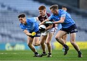 19 December 2020; Alan Greene of Galway in action against Conor Tyrrell, left, and Mark O'Leary of Dublin during the EirGrid GAA Football All-Ireland Under 20 Championship Final match between Dublin and Galway at Croke Park in Dublin. Photo by Piaras Ó Mídheach/Sportsfile