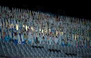 19 December 2020; The setting sun strikes a few of the 'supporters' drawn and coloured by school children from Mayo and Dublin in the Cusack Stand prior to the GAA Football All-Ireland Senior Championship Final match between Dublin and Mayo at Croke Park in Dublin. Photo by Ray McManus/Sportsfile