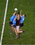 19 December 2020; Conor Raftery of Galway in action against Dublin players, left to right, Adam Fearon, Lee Gannon, and Adam Waddick during the EirGrid GAA Football All-Ireland Under 20 Championship Final match between Dublin and Galway at Croke Park in Dublin. Photo by Daire Brennan/Sportsfile