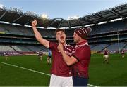 19 December 2020; Tomo Culhane of Galway, left, celebrates with Galway Strength and Conditioning coach Cian Walsh-McGinn, during the EirGrid GAA Football All-Ireland Under 20 Championship Final match between Dublin and Galway at Croke Park in Dublin. Photo by Sam Barnes/Sportsfile