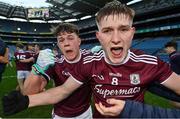 19 December 2020; Galway players Conor Raftery, right, qnd Tony Gill celebrate following the EirGrid GAA Football All-Ireland Under 20 Championship Final match between Dublin and Galway at Croke Park in Dublin. Photo by Sam Barnes/Sportsfile
