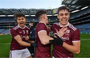 19 December 2020; Galway players, from left, Seán Fitzgerald, MacDara Geraghty and Ryan Monahan celebrate following the EirGrid GAA Football All-Ireland Under 20 Championship Final match between Dublin and Galway at Croke Park in Dublin. Photo by Sam Barnes/Sportsfile