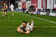 19 December 2020; John Cooney of Ulster dives over to score his side's fourth try during the Heineken Champions Cup Pool B Round 2 match between Gloucester and Ulster at Kingsholm Stadium in Gloucester, England. Photo by Harry Murphy/Sportsfile