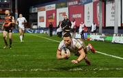 19 December 2020; John Cooney of Ulster dives over to score his side's fourth try during the Heineken Champions Cup Pool B Round 2 match between Gloucester and Ulster at Kingsholm Stadium in Gloucester, England. Photo by Harry Murphy/Sportsfile
