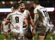 19 December 2020; Rob Herring of Ulster celebrates after John Cooney of Ulster, left, scored his side's fourth try  during the Heineken Champions Cup Pool B Round 2 match between Gloucester and Ulster at Kingsholm Stadium in Gloucester, England. Photo by Harry Murphy/Sportsfile
