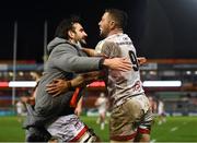 19 December 2020; John Cooney of Ulster celebrates with Greg Jones after scoring his side's fourth try during the Heineken Champions Cup Pool B Round 2 match between Gloucester and Ulster at Kingsholm Stadium in Gloucester, England. Photo by Harry Murphy/Sportsfile