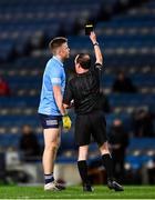 19 December 2020; Robert McDaid of Dublin is shown a black card by referee David Coldrick, on the stroke of half time, during the GAA Football All-Ireland Senior Championship Final match between Dublin and Mayo at Croke Park in Dublin. Photo by Ray McManus/Sportsfile