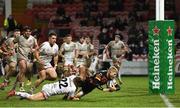 19 December 2020; George Barton of Gloucester on his way to scoring his side's winning try despite the tackle of Ian Madigan of Ulster during the Heineken Champions Cup Pool B Round 2 match between Gloucester and Ulster at Kingsholm Stadium in Gloucester, England. Photo by Harry Murphy/Sportsfile