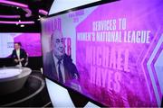 20 December 2020; A graphic featuring Michael Hayes, recipient of the Services to Football Award, is seen on screen during the 2020 Women's National League Awards at the eir Sport Studios in Dublin. Photo by Stephen McCarthy/Sportsfile