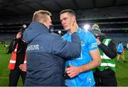 19 December 2020; Brian Fenton of Dublin, right, and manager Dessie Farrell congratulate each other following their side's victory in the GAA Football All-Ireland Senior Championship Final match between Dublin and Mayo at Croke Park in Dublin. Photo by Seb Daly/Sportsfile