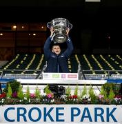 19 December 2020; Dublin manager Dessie Farrell lifts the Sam Maguire Cup following the GAA Football All-Ireland Senior Championship Final match between Dublin and Mayo at Croke Park in Dublin. Photo by Stephen McCarthy/Sportsfile