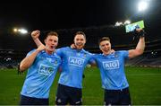 19 December 2020; Dublin players, from left, Ciarán Kilkenny, Dean Rock and John Small celebrate following the GAA Football All-Ireland Senior Championship Final match between Dublin and Mayo at Croke Park in Dublin. Photo by Eóin Noonan/Sportsfile