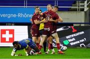 19 December 2020; Mike Haley, centre, of Munster is congratulated by team-mates after scoring a try during the Heineken Champions Cup Pool B Round 2 match between ASM Clermont Auvergne and Munster at Stade Marcel-Michelin in Clermont-Ferrand, France. Photo by Julien Poupart/Sportsfile
