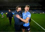 19 December 2020; Dublin manager Dessie Farrell and Seán Bugler, right, celebrate following the GAA Football All-Ireland Senior Championship Final match between Dublin and Mayo at Croke Park in Dublin. Photo by Stephen McCarthy/Sportsfile