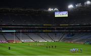 19 December 2020; The teams stand for Amhrán na bhFiann in an empty stadium during the GAA Football All-Ireland Senior Championship Final match between Dublin and Mayo at Croke Park in Dublin. Normally a full stadium crowd of 82,300 approx would be in attendance for the All-Ireland Finals but it is being played behind closed doors due to restrictions imposed by the Irish Government to contain the spread of the Coronavirus. Photo by Brendan Moran/Sportsfile