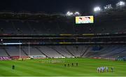 19 December 2020; The teams stand for Amhrán na bhFiann in an empty stadium during the GAA Football All-Ireland Senior Championship Final match between Dublin and Mayo at Croke Park in Dublin. Normally a full stadium crowd of 82,300 approx would be in attendance for the All-Ireland Finals but it is being played behind closed doors due to restrictions imposed by the Irish Government to contain the spread of the Coronavirus. Photo by Brendan Moran/Sportsfile