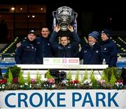 19 December 2020; Dublin manager Dessie Farrell, centre, lifts the Sam Maguire Cup with selectors and coaches, from left, Mick Galvin, Brian O'Regan, Shane O'Hanlon and Darren Daly following the GAA Football All-Ireland Senior Championship Final match between Dublin and Mayo at Croke Park in Dublin. Photo by Stephen McCarthy/Sportsfile