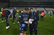 19 December 2020; Dublin goalkeeper Stephen Cluxton is given his speech by Dublin media manager Seamus McCormack following the GAA Football All-Ireland Senior Championship Final match between Dublin and Mayo at Croke Park in Dublin. Photo by Stephen McCarthy/Sportsfile