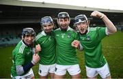 20 December 2020; Limerick players, from left, Patrick Finn, Liam Lynch, Ethan Hurley and Patrick O'Donovan celebrate following the Electric Ireland Munster GAA Hurling Minor Championship Final match between Limerick and Tipperary at LIT Gaelic Grounds in Limerick. Photo by David Fitzgerald/Sportsfile