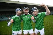 20 December 2020; Limerick players, from left, Liam Lynch, Ethan Hurley and Patrick O'Donovan celebrate following the Electric Ireland Munster GAA Hurling Minor Championship Final match between Limerick and Tipperary at LIT Gaelic Grounds in Limerick. Photo by David Fitzgerald/Sportsfile