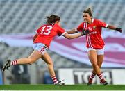 20 December 2020; Áine O'Sullivan of Cork, left, celebrates with team-mate Doireann O'Sullivan after scoring her side's first goal during the TG4 All-Ireland Senior Ladies Football Championship Final match between Cork and Dublin at Croke Park in Dublin. Photo by Eóin Noonan/Sportsfile