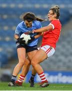 20 December 2020; Leah Caffrey of Dublin is tackled by Doireann O'Sullivan of Cork during the TG4 All-Ireland Senior Ladies Football Championship Final match between Cork and Dublin at Croke Park in Dublin. Photo by Brendan Moran/Sportsfile