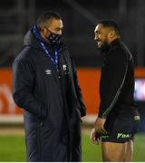 20 December 2020; Bristol Bears Director of Rugby Pat Lam, left, and Bundee Aki of Connacht ahead of the Heineken Champions Cup Pool B Round 2 match between Connacht and Bristol Bears at the Sportsground in Galway. Photo by Ramsey Cardy/Sportsfile