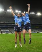 20 December 2020; Dublin players Sinéad Goldrick, left, and Sinéad Aherne celebrate after the TG4 All-Ireland Senior Ladies Football Championship Final match between Cork and Dublin at Croke Park in Dublin. Photo by Piaras Ó Mídheach/Sportsfile