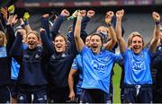 20 December 2020; Dublin players, from left, Laura McGinley, Hannah O'Neill, Sinéad Goldrick, Lyndsey Davey and Siobhán McGrath celebrate after the TG4 All-Ireland Senior Ladies Football Championship Final match between Cork and Dublin at Croke Park in Dublin. Photo by Brendan Moran/Sportsfile